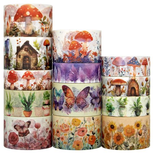 1 Washi Tape Set 13 Rolls - Mushroom Butterfly Floral Decorative Tape, Colored Masking Tape for Scrapbooking Supplies, Bullet Journal Supplies, Junk Journal, DIY Crafts Art