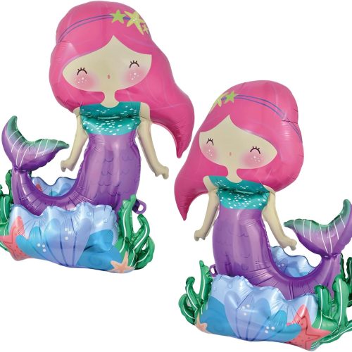 1 Self-Standing Mermaid Balloons – 2 Pack Little Mermaid Birthday Decorations for Girls Under the Sea & Ocean Theme Party Supplies 26 Inch