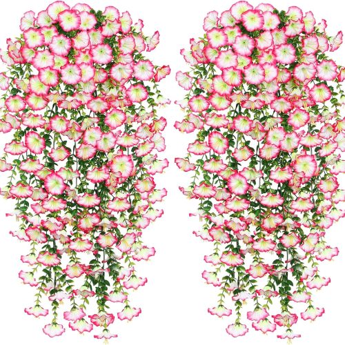 TOCHGREEN Artificial Fake Hanging Flowers Plants for Outdoor Decoration 2PCS Faux Silk Morning Glory Flowers UV Resistant Hanging Plants for Home Porch Patio Garden Planter Decor (Pink, 2PCS)
