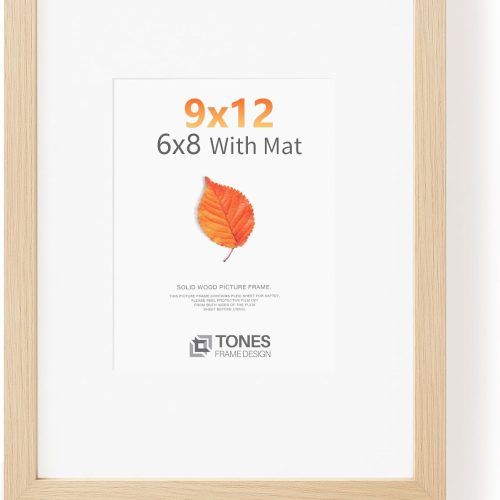 Solid Oak Wood 9x12 Natural Picture Frame Matted to 6x8 Photo Frame for Wall Home Decor