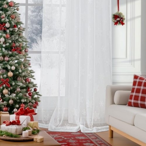 White Sheer Snoflake Christmas Curtains for Bedroom, Snow Curtains 72 Inches Long for Living Room, Holiday Winter Window Curtains, Xmas Decor Curtain Light Filtering Rod Pocket 2 Panels Set