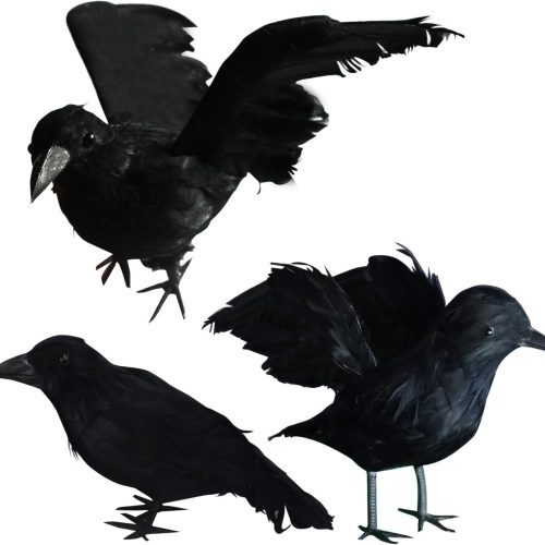 FUNPENY Halloween Black Feathered Crows, Lifelik Halloween Decoration Birds with Real Feather (12 Pack)