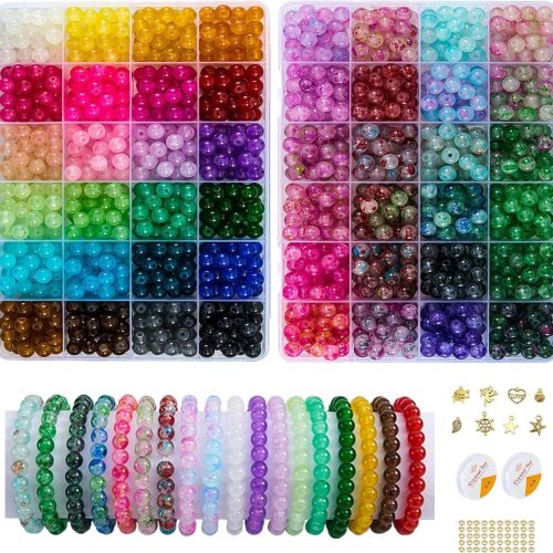 1 【2 Pack】 More Than 1300PCS Round Glass Beads for Jewelry Making,48 Colors 8mm Crystal Beads for Bracelets Jewelry Making and DIY Crafts, 2 Box Round Beads Suitable for Beginners. (Solid+Printing)