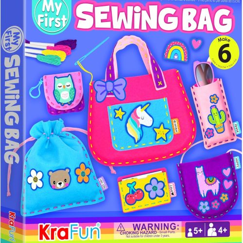 KRAFUN My First Sewing Bag Kit Arts & Crafts for Beginner Kids, 6 Easy DIY Sewing Handbag Pouch Sleeve Projects of Animal Theme, Instructions Learn to Sew & Felt Embroidery, Gift for Girls & Boys