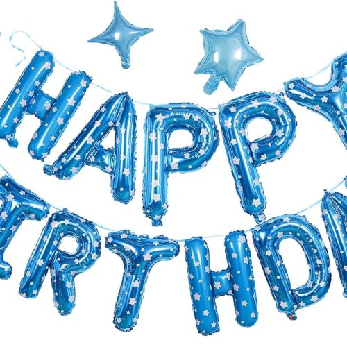 HiParty 24pcs Blue Point Happy Birthday Banner & Balloons, 3D Mylar Foil Star & Letter Balloons for Men Women Adults Kids, Ecofriendly Party Supplies