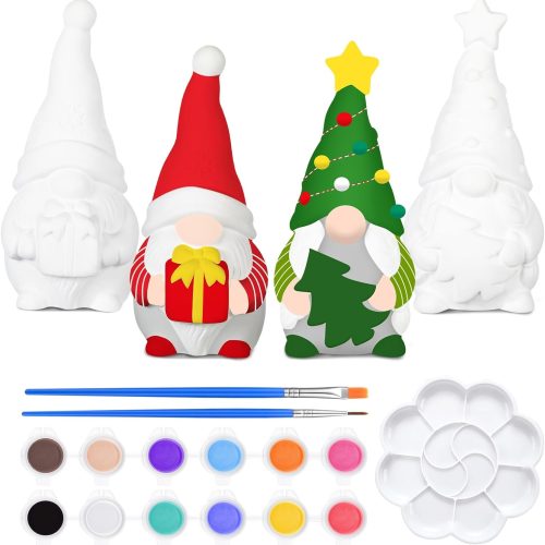 Poen 2 Pack Christmas Ready to Paint Your Own Gnome Statues, 4 Inches Mini Garden Blank Ceramics to Paint Unpainted Garden Figurines Crafts DIY for Adults, Funny Lawn Decoration (Gift Style)