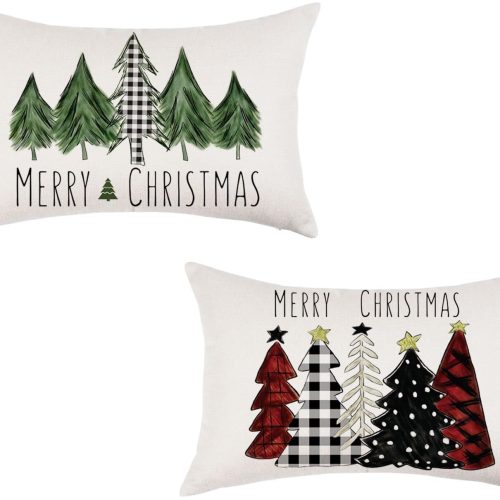 ONWAY Christmas Pillow Covers 12x20 Inch Set of 2 Trees Red Black Green Buffalo Plaid Decorative Lumbar Pillowcases Winter Holiday Cushion Cases for Christmas Decorations