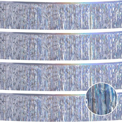 Laser Silver Birthday Decorations Tinsel Garland Parade Float Decorations for Trailer 4Pack 12FT Christmas Party Decor Ceiling Fringe Banner Silver Backdrop for Streamers Party Decorations
