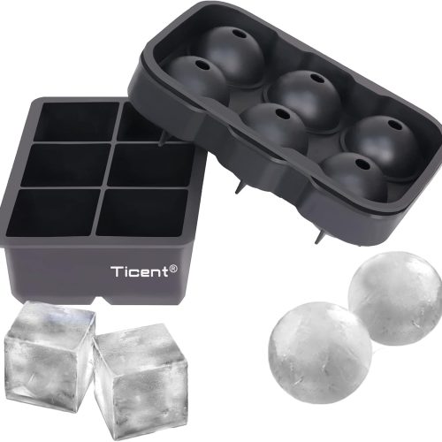 Ticent Ice Cube Trays (Set of 2), Silicone Sphere Whiskey Ice Ball Maker with Lids & Large Square Ice Cube Molds for Cocktails & Bourbon - Reusable & BPA Free