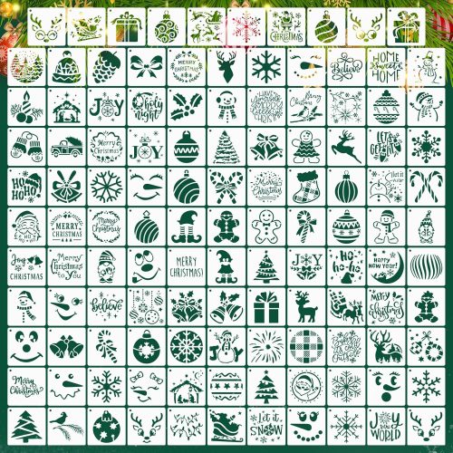 120pcs Christmas Stencils, 3x3in Reusable Merry Xmas Ornament Templates Winter Snowflakes Holiday Stencils for Painting on Wood Wall Door Paper Card Scrapbook Drawing Spraying DIY Crafts Decor