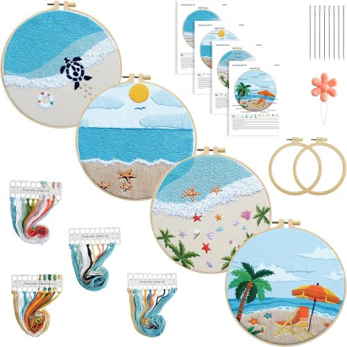 4 Set Ocean Embroidery Kit for Beginners Adults Embroidery Starter Kit Ocean Beach Christmas Ornaments Hand Crewel Embroidery Kit Cross Stitch Kit Includes Instruction 2 Hoops Color Threads Needles