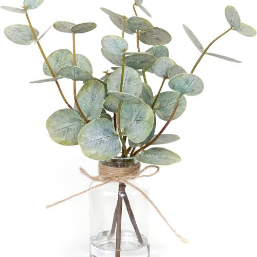 1 Artificial Eucalyptus Stems in Glass Vase with Faux Water,3Pcs Fake Plant with Double-Sided Green Leaves for Centerpiece(Double-Sided Green Eucalyptus)