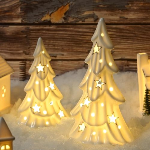 Ceramic White Christmas Trees with Lights, 2Pcs Light Up Tabletop Porcelain Christmas Tree, Glossy Hollow-Carved Small Xmas Tree Figurines for Modern Home Decoration, DIY Winter Village