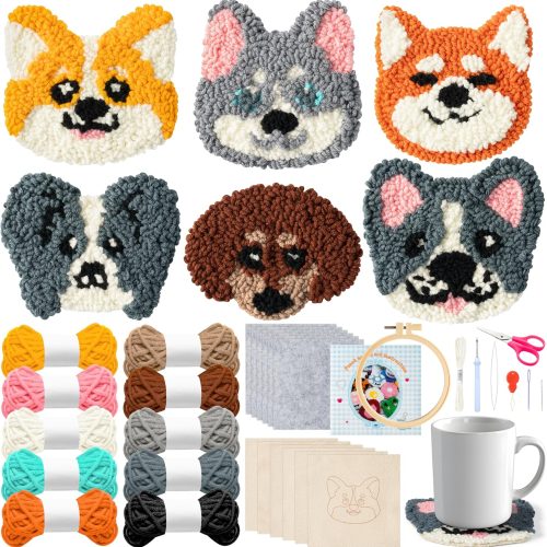 WATINC Puppy Punch Needle Coaster Kit - 6 Patterns Dog Punch Needle Embroidery Craft Kit, DIY Felting Coaster for Adults Beginners with Adhesive Yarns Fabric Felt Hoop Tools Instruction