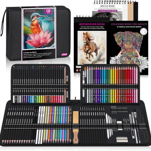 HIFORNY 136 PCS Drawing & Sketching Set,Pro Art Supplies with Graphite,Charcoal,Colored,Watercolor,Metallic Pencils,Blending Tools,Sketchbook,Watercolor Book and Coloring Book in Zipper Case (Black)