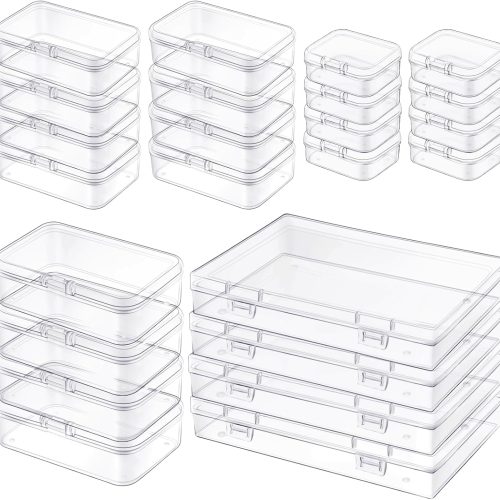 Qeirudu 24 Pcs Small Plastic Containers with Lids - Mini Plastic Craft Storage Boxes with Hinged Lids Clear Bead Organizer for Jewelry Findings and Art Supplies (4 Mixed Sizes)
