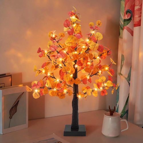 24 Inch Artificial Eucalyptus Tree Decor, 55 LED Battery Operated Fall Light Up Tabletop Tree with Timer for Indoor Home Wedding Harvest Autumn Thanksgiving Decorations