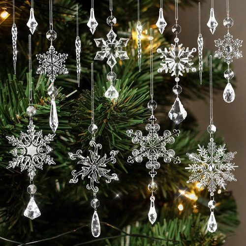 1 Christmas Tree Ornaments, 16pcs Crystal Snowflake Ornaments Christmas Hanging Decorations Acrylic Icicle Snowflake Drop Pendants Decors for Christmas Tree Winter Wonderland Party New Year Wall Window