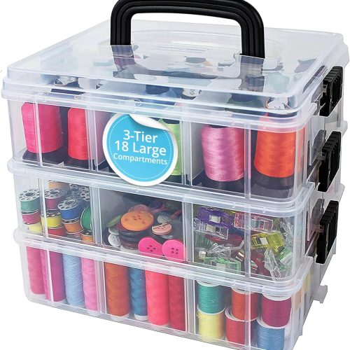 Bins & Things Clear 3-Tier Stackable Storage Containers with Lids - 18 Adjustable Compartments for Bead - Organizing Drawers for Jewelry, Kids Toys, Makeup