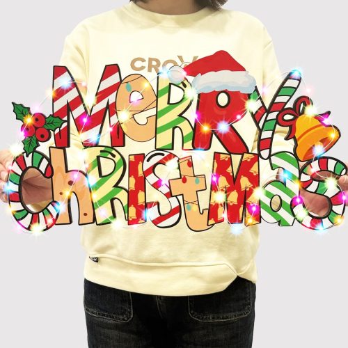 Merry Christmas Door Sign Decorations Christmas Tree Wooden Ornament Hanging Photo Booth Props with Light Strings Welcome Front Door Wall Sign for X-mas Decorations Indoor Outdoor