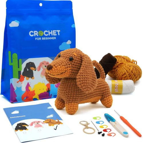 1 Crochet Kit for Beginners with Step-by-Step Video Tutorials Crochet Animal Kit Crochet Starter Kits for Adults Kids - Dachshund(Brown)