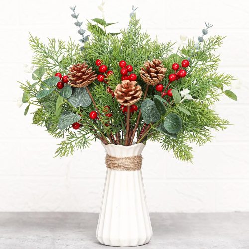 20 Pcs Artificial Christmas Greenery Stems Artificial Pine Branches Mixed Christmas Cedar Pine Needles Cones Picks Eucalyptus Leaves Red Berry Stems for Xmas Home Vase Table Centerpiece Decoration