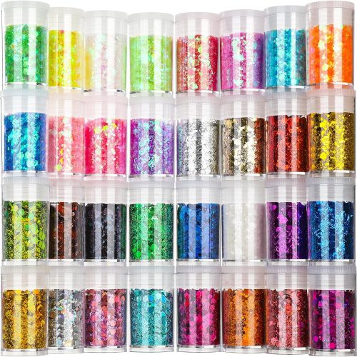 1 Festival Chunky and Fine Glitter Powder Mix, Teenitor 32 Colors Chunky Sequins, Iridescent Glitter Flakes, Cosmetic Face Body Eye Hair Nail Art Resin Tumbler Loose Glitter