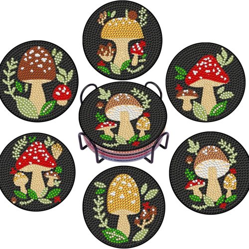 1 EWJRNSF 6 PCS Small Diamond Art Coasters Kits, Diamond Painting, Fall Diamond Art Kits for Adults Beginners, Arts and Crafts Item Sets with Holder for Drinks Mushroom