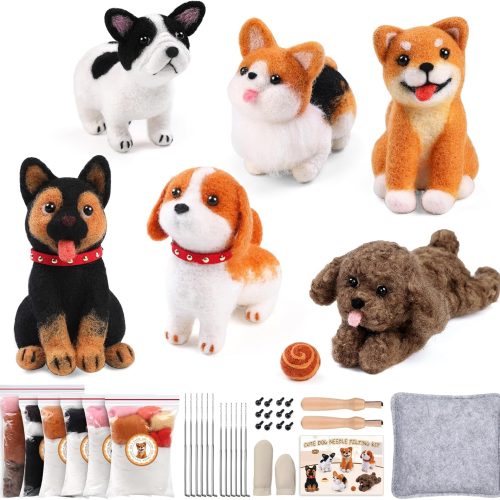 1 Mayboos 6 Pcs Needle Felting Kit, Animal Needle Felting Beginner Kits Wool Felt Needle Felting Tools with Instruction for DIY Craft Animal Home Decoration (Cute Dog)