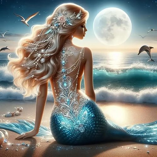 1 5D Diamond Painting Kit for Adults Beginners,DIY Mermaid Moon Paint by Diamond Art Kits,Suitability Friends Full Round Drill Diamonds Dots Gem Art,Home Wall Decor 13.78x13.78 Inch