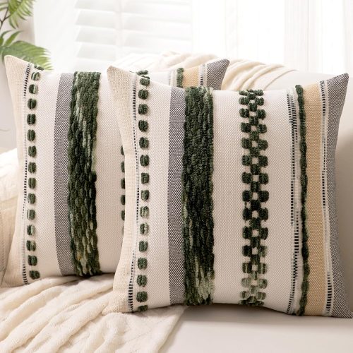 1 Boho Throw Pillow Covers 18x18 Set of 2 Christmas Decorative Cushion Case Striped Square Pillows Cover Chenille Pillow Cases Accent Neutral Pillowcase for Sofa Couch Bed,Dark Green