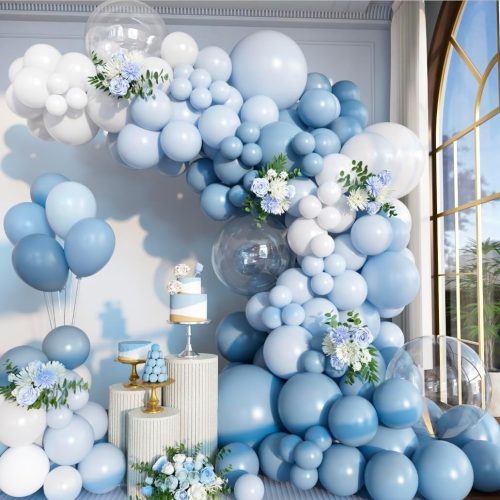 1 156pcs Dusty Blue Balloon Arch Kit Different Sizes Light blue Baby Blue and White and Clear Latex Balloons Garland Arch Kit for Baby Shower Gender Reveal Wedding Birthday Decorations for Boy Men