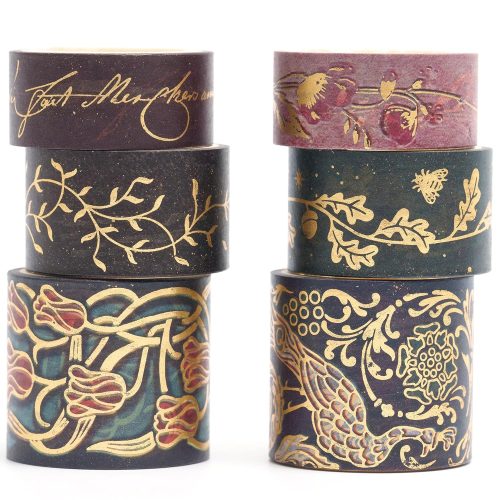 1 Vintage Washi Tape Set 6 Rolls Wide Retro Decorative Gold Foil Antique Patterns Masking Tapes for Arts, DIY Crafts, Journals, Planners, Scrapbook, Wrapping