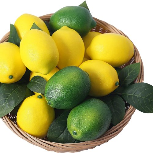 1 Fake Fruit Artificial Lemons 24 Pcs, Faux Lemon Leaves 12 Pcs Lifelike Fake Lemon Decor for Kitchen Table Cabinet Party Plastic Fruits Photography Prop