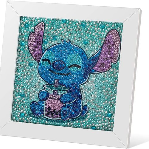 1 5D Diamond Painting Kit for Kids with Wooden Frame Easy Small Anime Diamond Painting Full Drill Diamond Art Gem Painting for Beginners 7X7 inch (Stitch), (DAM001-A)