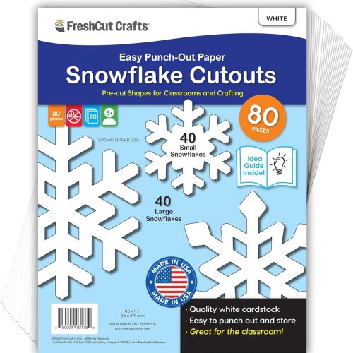 1 80 Pieces Snowflake Paper Cutouts with IDEA Guide, 2-Sided US Made Card Stock Punch Out White Snowflakes for Bulletin Boards, Classroom Decor - Small and Large Snowflake Decorations Winter Cutouts