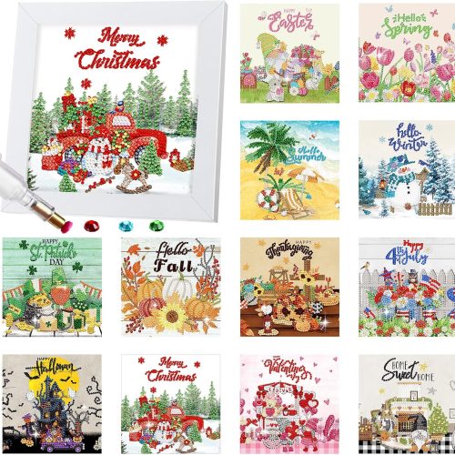 1 Trandraft 13 Pcs Interchangeable Seasonal Diamond Painting Kits for Adults Christmas 5D Diamond Art Calendar Kits with Frame for Christmas Winter Holiday Table Decor Art Craft Gift(Novel Style)