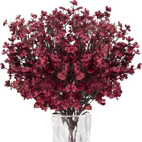 1 U/D Babys Breath Artificial Flowers 8 Bundle Real Touch Fake Gypsophila Plastic Silk Flowers for Home DIY Garden Decor Wedding Party (Burgundy)