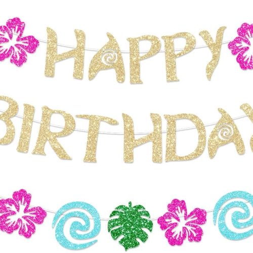 1 Hawaiian Moana Birthday Banner Party Decoration Glittery Gold for Happy Birthday Tropical Luau Summer Baby Shower Decor