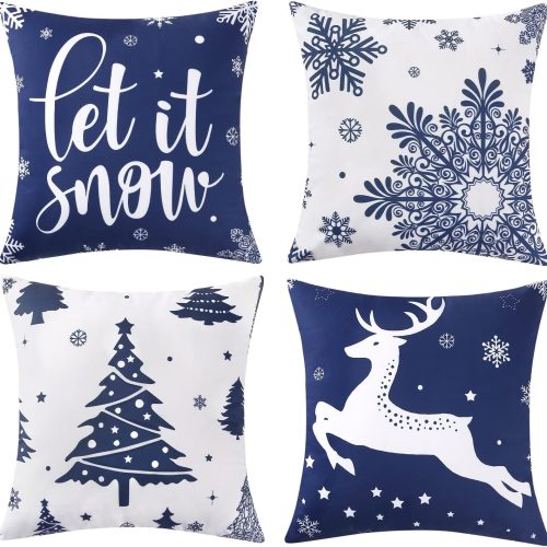 1 CAROMIO Christmas Decorations Velvet Pillow Covers 18x18 Inch Set of 4 Farmhouse Outdoor Decorative Pillows Winter Holiday Decor Snowflake Xmas Tree Deer Throw Cushion Covers for Sofa Couch, Blue