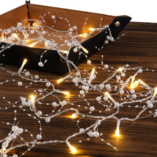1 Rhytsing 14.7FT White Pearl Garland with 36 LED Light, Battery Operated Fairy String Lights with Timer for Wedding Christmas Party Event Decoration