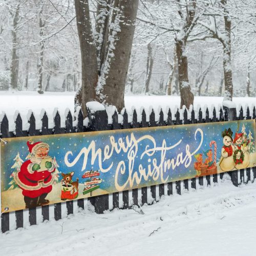 1 Vintage Christmas Decorations Merry Christmas Banner Vintage Santa Claus Snowman Yard Signs Xmas Holidays Party Hanging Banner Decorations for Outdoor Indoor(9.8x1.96ft)
