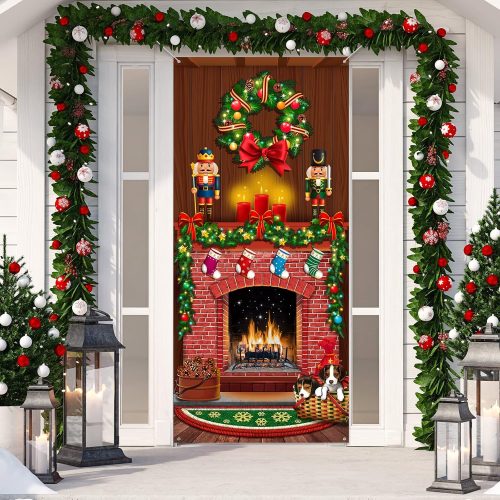 1 Tiamon Merry Christmas Door Cover Christmas Fireplace Door Cover Backdrops Xmas Tree Printed Banner Background Xmas Nutcracker Porch Hanging Decorations, 6.5 x 3 Feet
