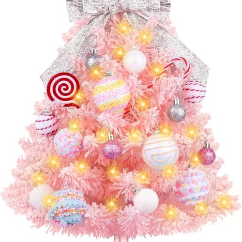 1 Mini Pink Christmas Tree with Lights, 2ft Artificial Small Table Top Christmas Tree with Bow, Ball Ornaments and White Tree Skirt, 24 Pcs DIY Xmas Decorations for Kids, Toddler Room