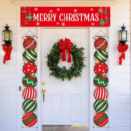 1 Buryeah 3 Pcs Christmas Decoration Outdoor Christmas Porch Sign for Front Yard Hanging Banner Ball Shaped for Xmas Supplies Indoor Outdoor Xmas Decor, 12 x 71 Inch(Red Green)