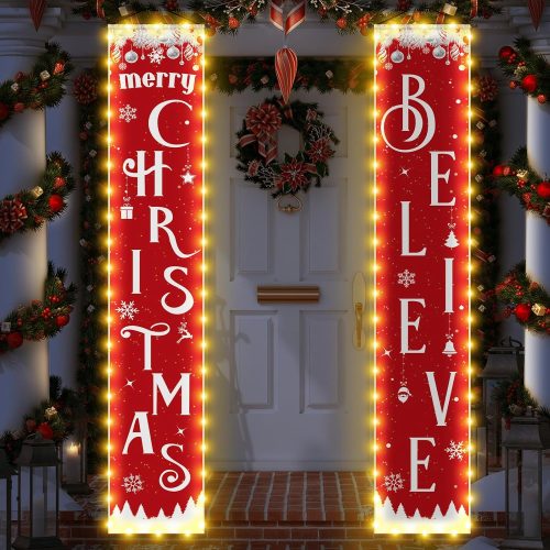 1 2 Pcs Christmas Decorations Lighted Believe Banner 71"x 12" Hanging Door Sign Merry Christmas Snowflake Outdoor Xmas Decor for Home Garden Yard Garage Front Porch
