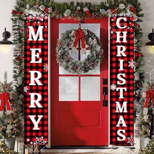 1 Ivenf Christmas Decorations Outdoor Yard Front Porch Sign Set, Red Black Buffalo Plaid Door Banner, Hanging Merry Christmas Decorations for Home, Indoor Outdoor Xmas Decor Wall Front Door Yard Garage