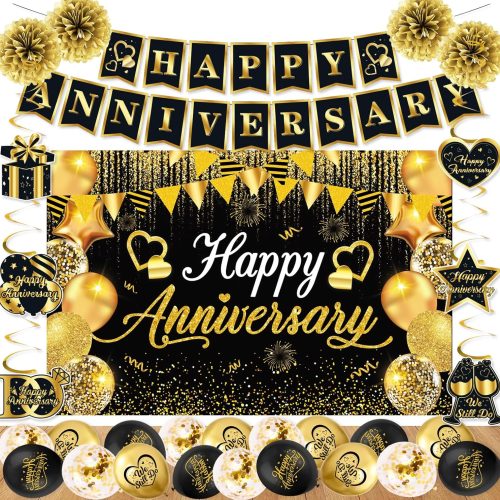 1 Happy Anniversary Decorations, Black and Gold Happy Anniversary Banner Wedding Party Decorations with 18Pcs Balloons, Backdrop, Hanging Swirls, Pompoms