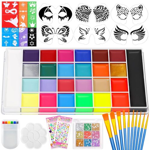 1 Professional Face Painting Kit, 26 Colors Oil Palette Face Paint with 6 Stencils, 41 Stencil Stickers, 10 Brushes, 9 Body Glitter, 2 Sheets Adhesive Gems, Rainbow Facepaint for Kids Party & Halloween
