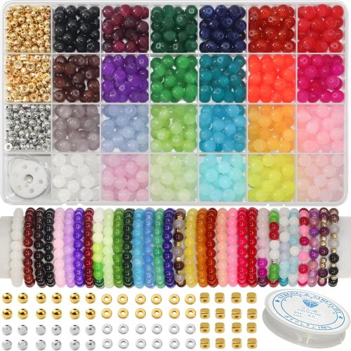1 JULIMAIDONG 8mm Glass Beads for Bracelets 1000pcs, 24 Colors Round Crystal Glass Bracelet Beads Making Kit for Jewelry Making Kits Bead DIY Crafts with Spacer Charms Accessories (8MM, 24 Color)